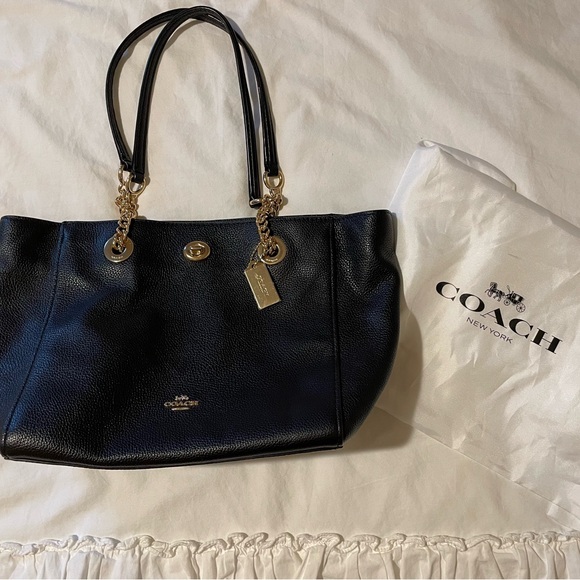Coach Black Leather Tote with Gold Accents - Picture 1 of 4